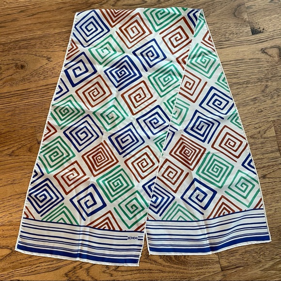 Women's Vintage ECHO White, Blue, Green Silk Spiral Printed Head / Neck Scarf - Picture 1 of 3